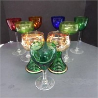 Assorted lot of 9 Coloured Wine Glasses