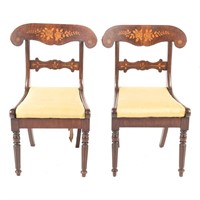 Pr. of Anglo-Dutch marquetry inlaid klismos chairs