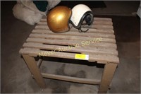 Wooden Bench w/2 vintage helmets