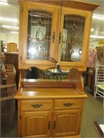 2 Pc Lighted Oak China Cabinet Leaded Glass Doors