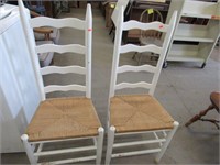 Pair Painted White Ladder Back Rush Seat Chairs
