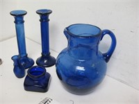 BLUE GLASS Pitcher, Candle Holders & More