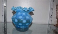 Blue Fenton Dot Vase with Ruffled Edge