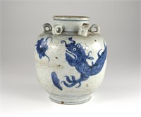 CHINESE MING DYNASTY BLUE & WHITE DRAGON WINE EWER