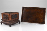 CHINESE HUALI WOOD SEAL BOX AND SCHOLAR'S TRAY