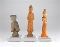 THREE CHINESE HAN TO TANG DYNASTY POTTERY FIGURES