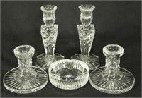 TWO PAIRS OF WATERFORD CANDLESTICKS & ASHTRAY