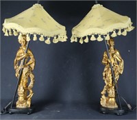 PAIR OF CHINESE FIGURE LAMPS WITH UMBRELLA SHADES