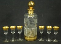 FRENCH CUT GLASS SET. DECANTER WITH 6 CORDIALS