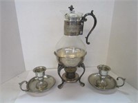 Footed Tea Pitcher & pewter candle sticks