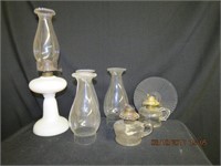 14" milk glass oil lamp, 2 finger oil lamps, a