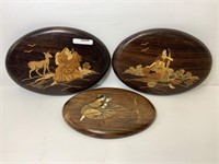 3 ROSEWOOD CARVED INLAID TIMBER PLAQUES