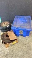 4 Small Rims & Bin Of Automotive Vhs Tapes