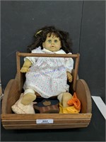 Wooden Basket With Doll And Contents