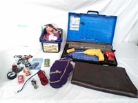 Toy tool kit, Crown Royal velvet bags, toy cars,