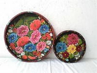 Pair of painted wooden round platters