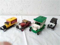 4 metal cars - 2 are coin banks