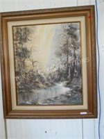 FRAMED OIL PAINTING OF RIVER & WOODS, SIGNED