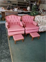 Pair of vintage mauve chairs and foot stools