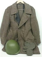 Military Helmet, Heavy Wool Trench Coat & Mittens