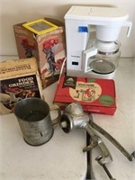 coffee pot, food grinders, apple corer, sifter