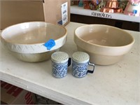 2 vintage crock bowls, metal s&p