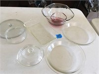 pyrex pie plates, pink bowl, USA glassbake 264