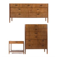 Modern fruitwood dresser, tall chest, and stand