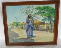 FRAMED OIL PAINTING OF VILLAGERS BY