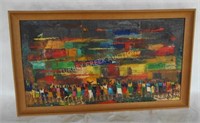 FRAMED OIL PAINTING OF AFRICAN VILLAGE,