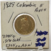 1929 colobia 5 pesos gold coin