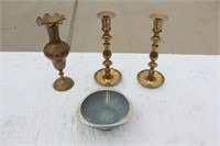 Brass candlesticks and vase
