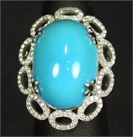 "18KT" WHITE GOLD TURQUOISE AND DIAMOND RING