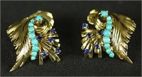 PAIR OF 18KT GOLD TURQUOISE & SAPPHIRE EARRINGS