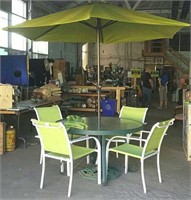 patio set : table, umbrella and four chairs