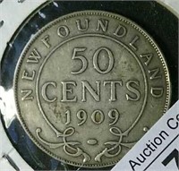 1909 VF-20 NFLD silver half dollar