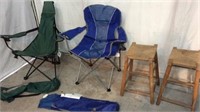 2 Camping Bag Chairs & 2 Wooden Stools 9B