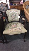ANTIQUE CARVED ARM CHAIR WITH TAPESTRY FABRIC