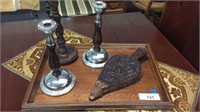GROUP LOT 5 ITEMS- 3 CANDLESTICKS, WOOD CARVED