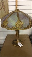 GILT TABLE LAMP WITH SLAG GLASS SHADE ( US WIRED)
