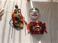 Two Decorative Wood Wall Masks & Dancing Puppet