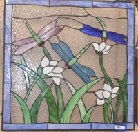 Stained Glass Pane w/ Dragonflies & Lily Flowers