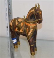 Vtg Carved Wood & Brass Decorative Horse Figurine