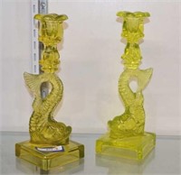 Pair of Vaseline Glass Dolphin Candlestick Holders