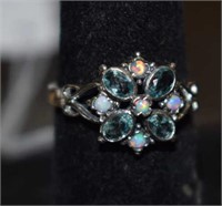 Sterling Silver Ring w/ Opals and Blue Stones