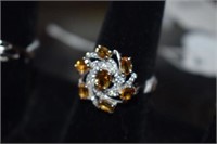 Sterling Silver Ring w/ Citrine & White Stones