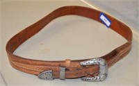 Tooled Leather Belt w/ Sterling Silver Belt Buckle