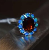 Sterling Silver Ring w/ Opals & Garnet