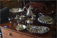 Silver Plated Teapot, Tray, Creamer & Sugar Bowl,