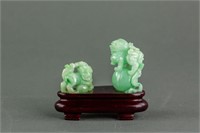Burma Green Jadeite Carved Lion Statue with Stand